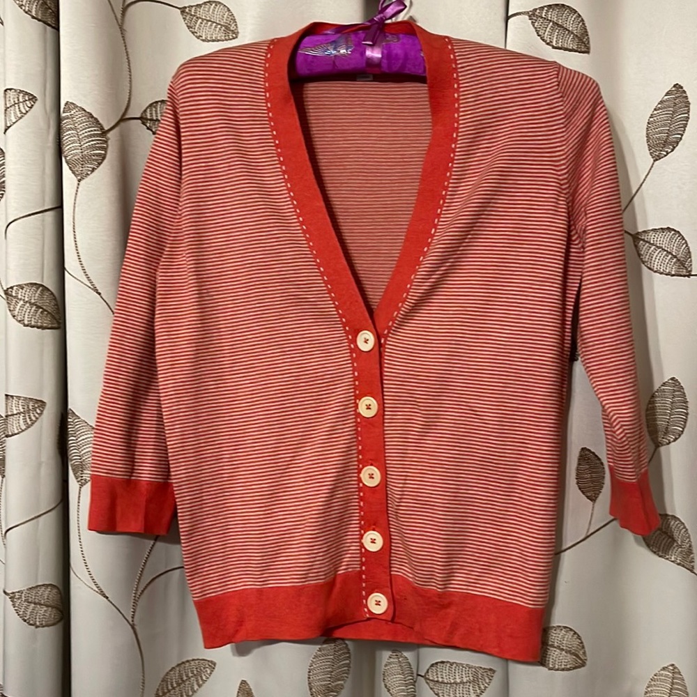 Boden coral/white stripe cardigan